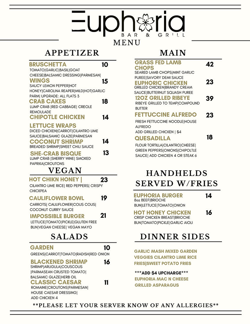 MENU | Euphoria Bar & Grill